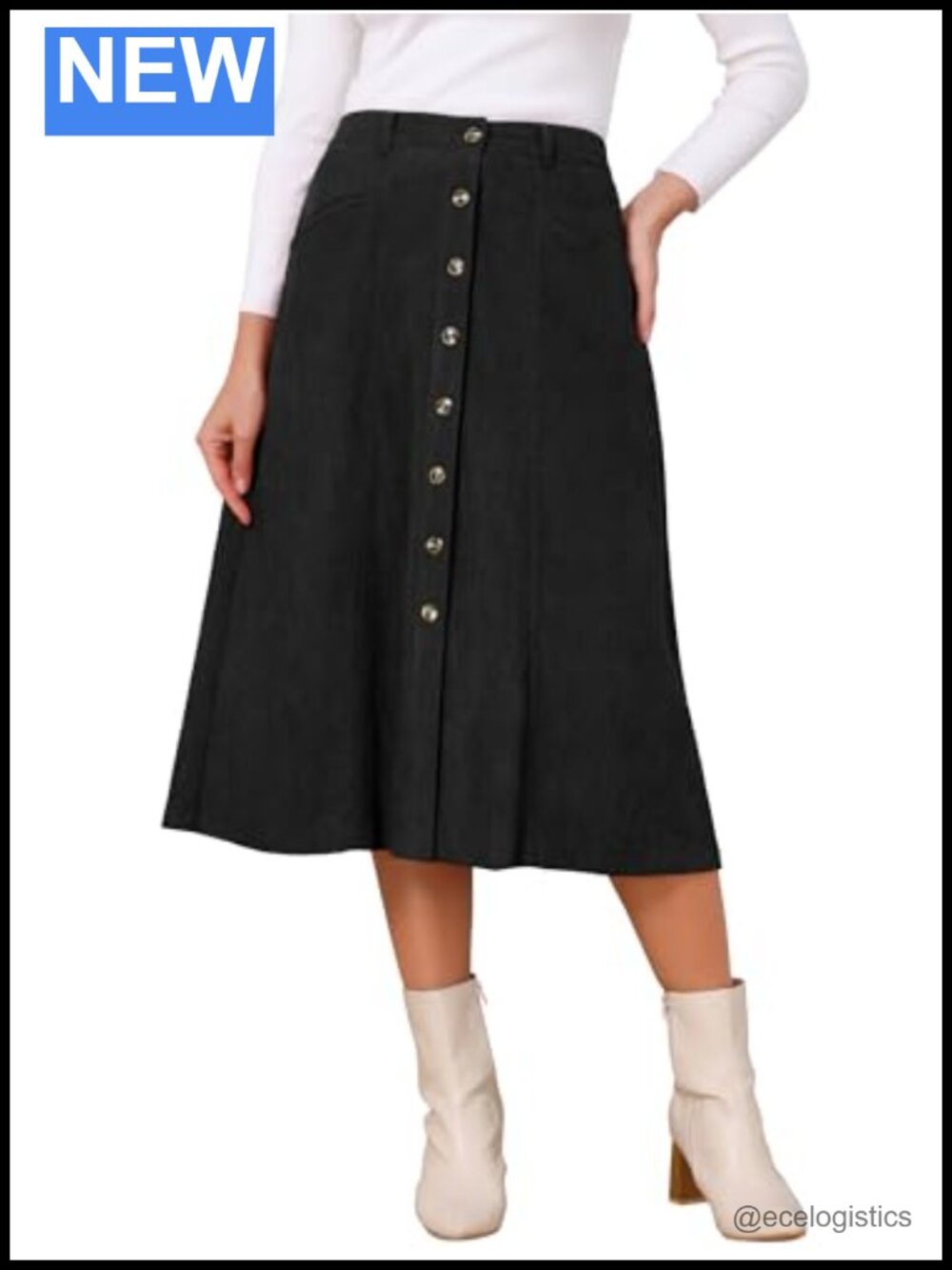 Seta T Womens Corduroy A-Line Midi Skirt High Waist Button Office
